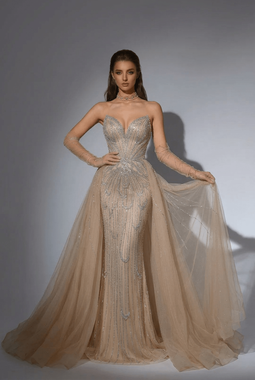 Champagne Sequin Ball Gown with Strapless Sweetheart Bodice – Glitter Maxi Dress Plus Size - WonderlandByLilian