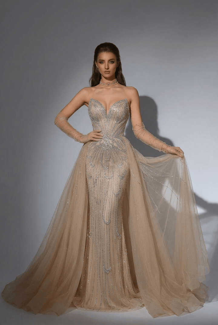 Champagne Sequin Ball Gown with Strapless Sweetheart Bodice – Glitter Maxi Dress Plus Size - WonderlandByLilian