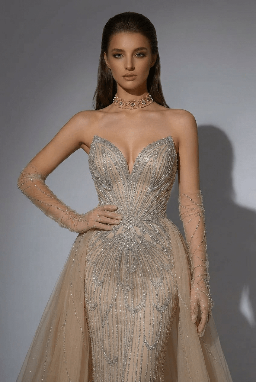 Champagne Sequin Ball Gown with Strapless Sweetheart Bodice – Glitter Maxi Dress Plus Size - WonderlandByLilian