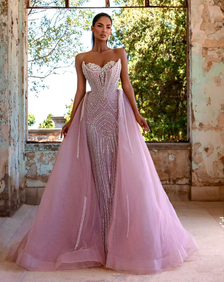 Champagne Sequin Ball Gown with Strapless Sweetheart Neckline – Pink Sequin Dress with Tulle Plus Size - WonderlandByLilian