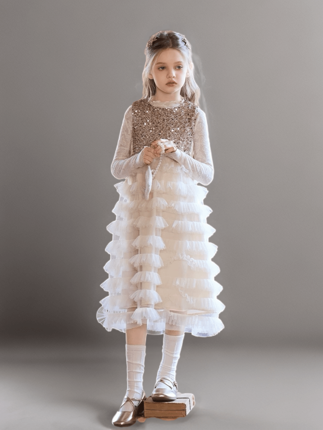 Champagne Sequin Bodice Flower Girl Dress with Layered Tulle Skirt – Special Occasion Flower Girl Dress Plus Size - WonderlandByLilian