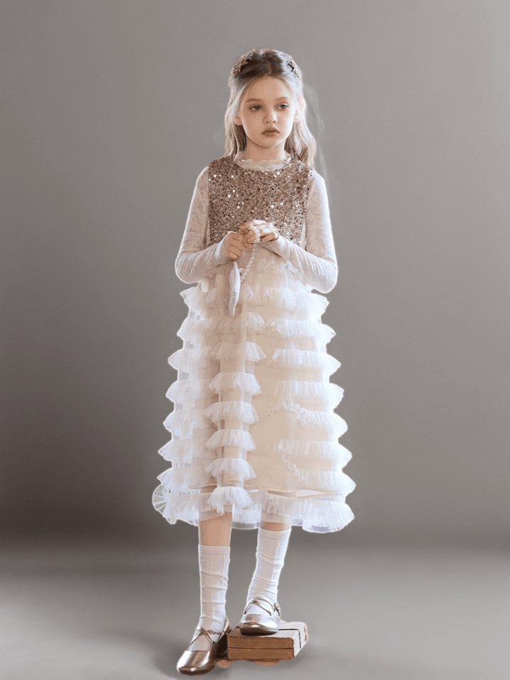 Champagne Sequin Bodice Flower Girl Dress with Layered Tulle Skirt – Special Occasion Flower Girl Dress Plus Size - WonderlandByLilian