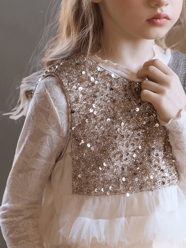 Champagne Sequin Bodice Flower Girl Dress with Layered Tulle Skirt – Special Occasion Flower Girl Dress Plus Size - WonderlandByLilian