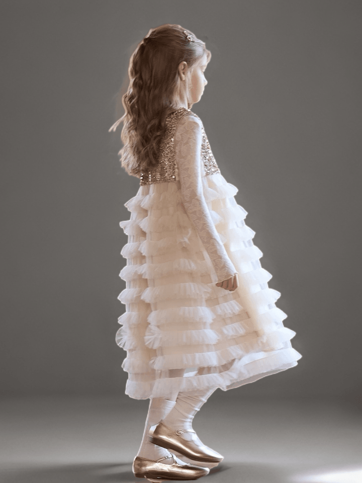 Champagne Sequin Bodice Flower Girl Dress with Layered Tulle Skirt – Special Occasion Flower Girl Dress Plus Size - WonderlandByLilian