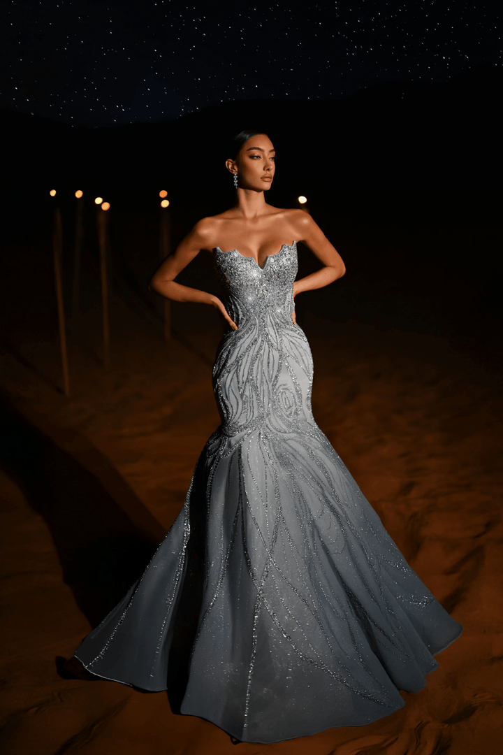 Champagne Sequin Evening Gown with Beaded Corset – Sparkly Maxi Dress with High Slit and Tulle Skirt Plus Size - WonderlandByLilian