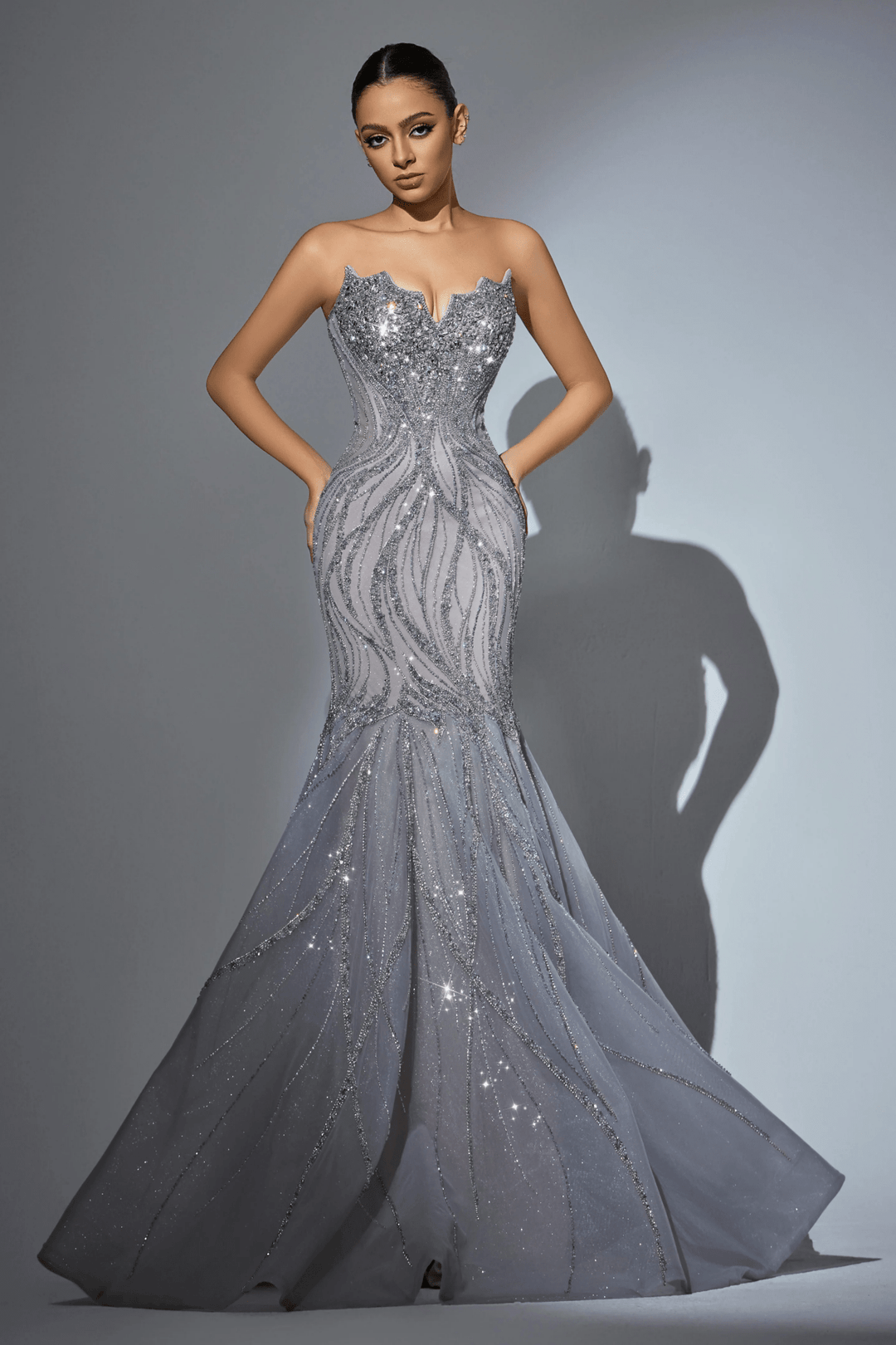 Champagne Sequin Evening Gown with Beaded Corset – Sparkly Maxi Dress with High Slit and Tulle Skirt Plus Size - WonderlandByLilian