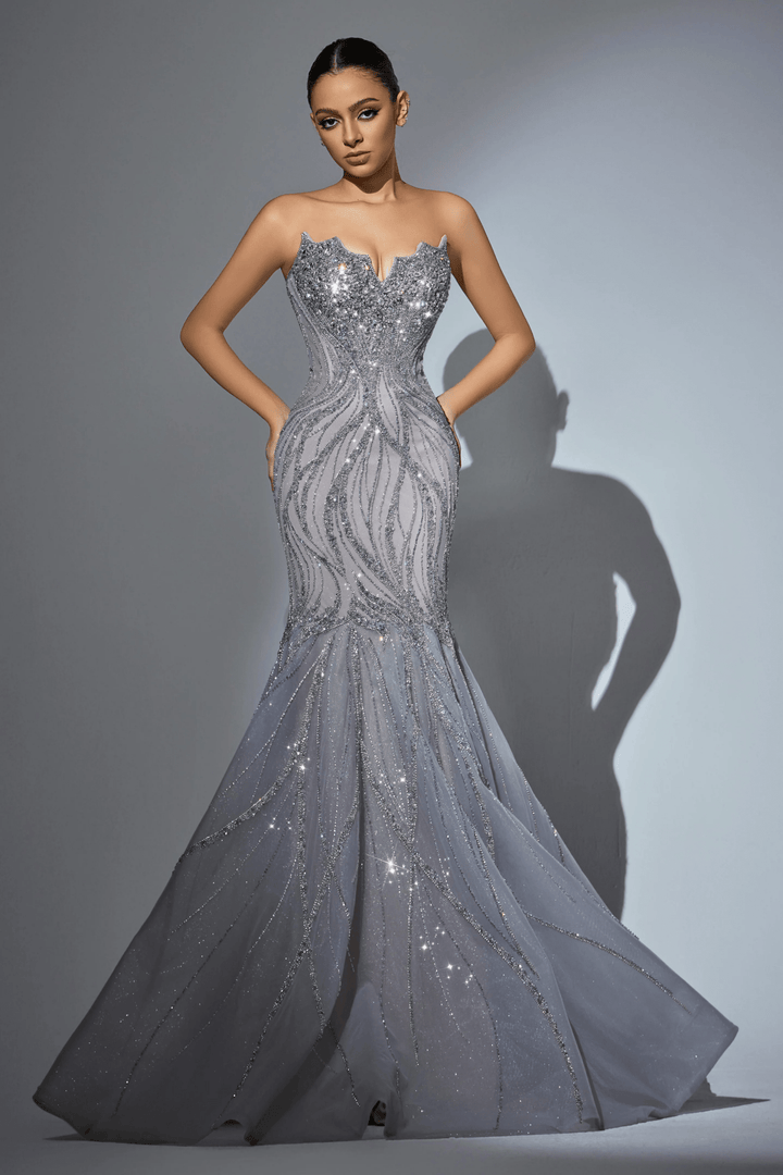 Champagne Sequin Evening Gown with Beaded Corset – Sparkly Maxi Dress with High Slit and Tulle Skirt Plus Size - WonderlandByLilian