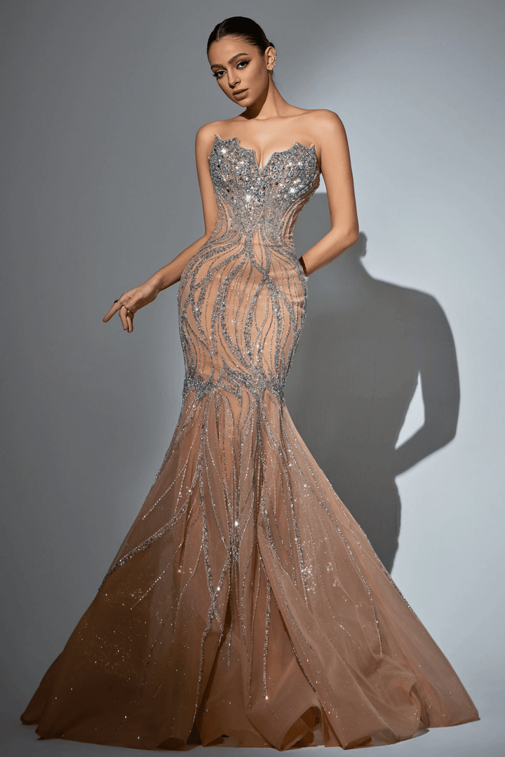 Champagne Sequin Evening Gown with Beaded Corset – Sparkly Maxi Dress with High Slit and Tulle Skirt Plus Size - WonderlandByLilian
