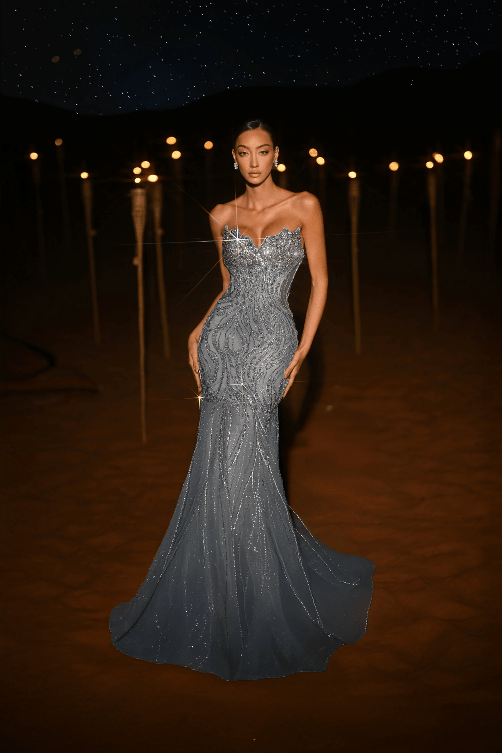 Champagne Sequin Evening Gown with Beaded Corset – Sparkly Maxi Dress with High Slit and Tulle Skirt Plus Size - WonderlandByLilian