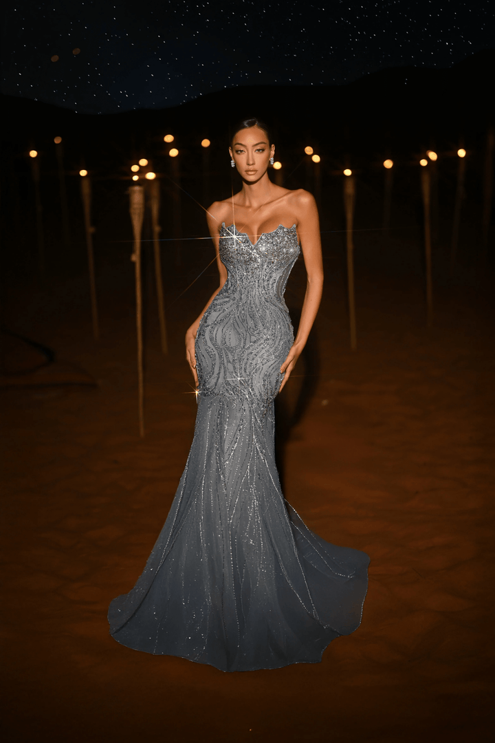 Champagne Sequin Evening Gown with Beaded Corset – Sparkly Maxi Dress with High Slit and Tulle Skirt Plus Size - WonderlandByLilian