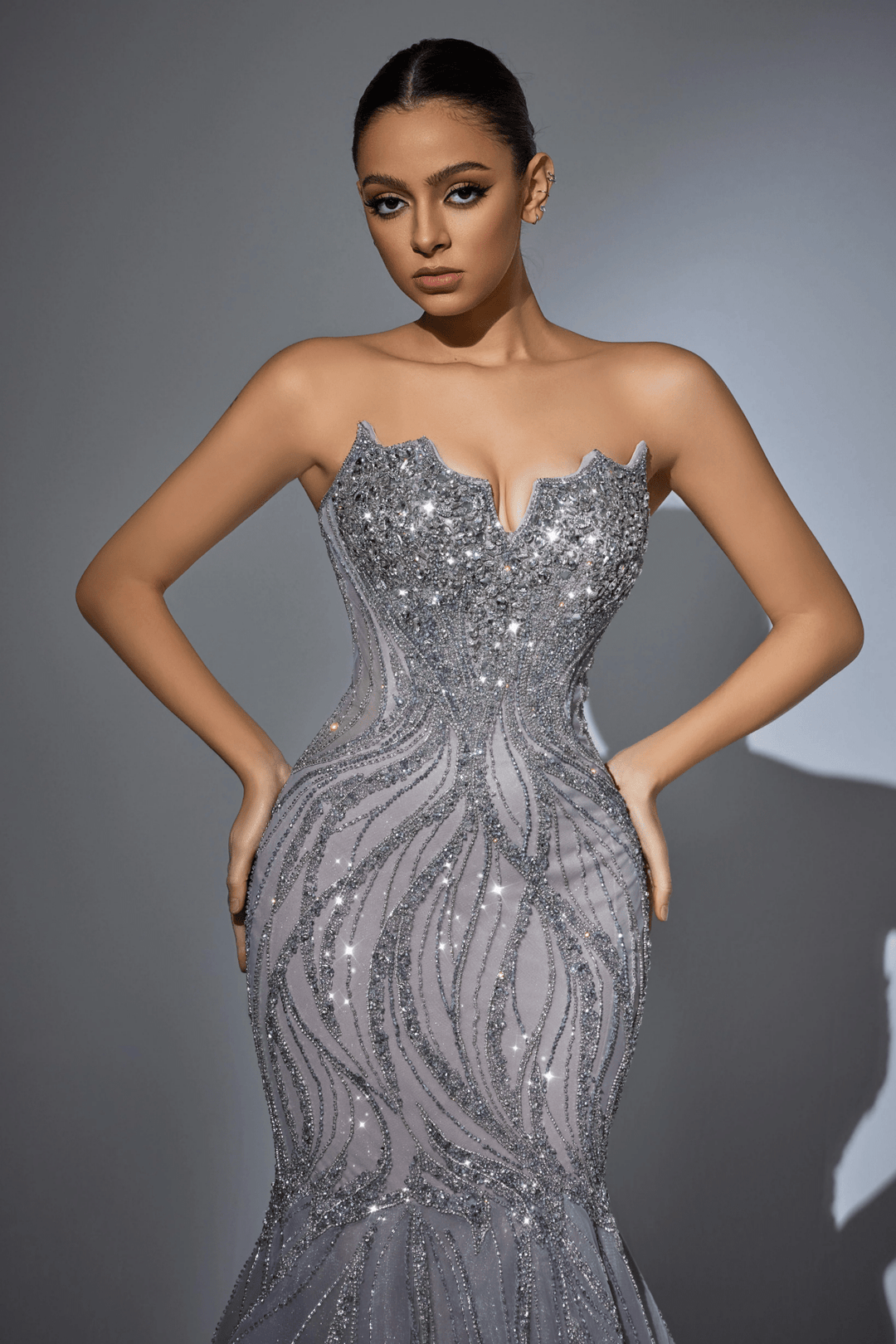 Champagne Sequin Evening Gown with Beaded Corset – Sparkly Maxi Dress with High Slit and Tulle Skirt Plus Size - WonderlandByLilian