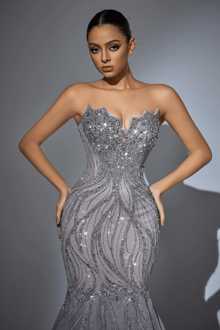 Champagne Sequin Evening Gown with Beaded Corset – Sparkly Maxi Dress with High Slit and Tulle Skirt Plus Size - WonderlandByLilian