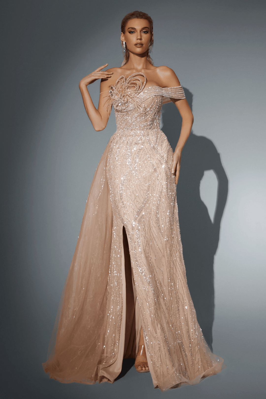 Champagne Sequin Evening Gown with Feather Accent - Elegant Sequin Evening Gown with Flowing Train - Pink Sequin Dress Plus Size - WonderlandByLilian
