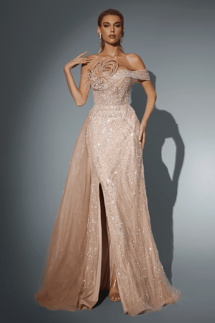 Champagne Sequin Evening Gown with Feather Accent - Elegant Sequin Evening Gown with Flowing Train - Pink Sequin Dress Plus Size - WonderlandByLilian