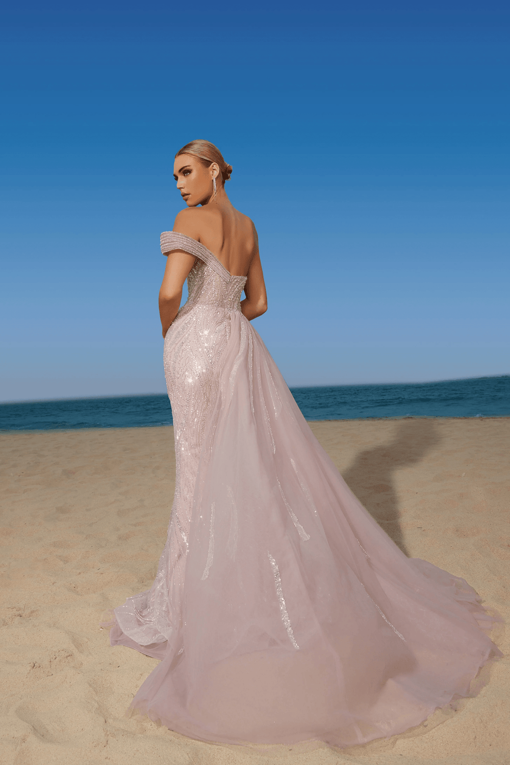 Champagne Sequin Evening Gown with Feather Accent - Elegant Sequin Evening Gown with Flowing Train - Pink Sequin Dress Plus Size - WonderlandByLilian