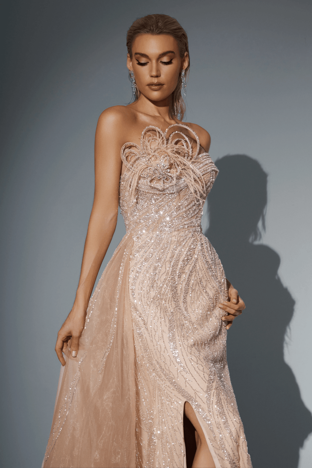 Champagne Sequin Evening Gown with Feather Accent - Elegant Sequin Evening Gown with Flowing Train - Pink Sequin Dress Plus Size - WonderlandByLilian