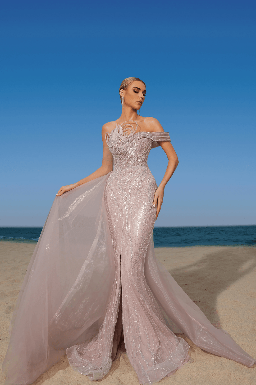 Champagne Sequin Evening Gown with Feather Accent - Elegant Sequin Evening Gown with Flowing Train - Pink Sequin Dress Plus Size - WonderlandByLilian