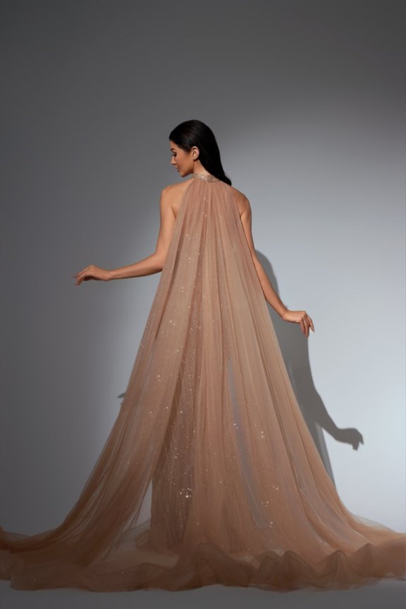 Champagne Sequin Prom Dress with Detachable Tulle Cape – Glitter Maxi Dress with Slit Plus Size - WonderlandByLilian