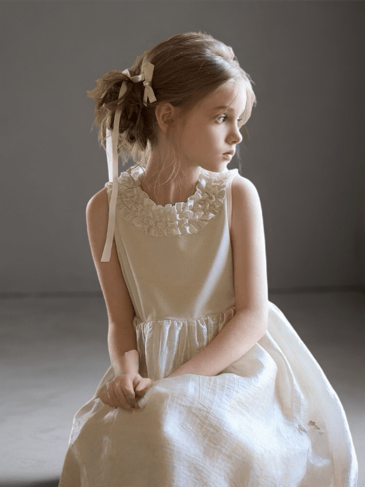 Champagne Sleeveless Flower Girl Dress with Floral Neckline – Elegant Knee Length Flower Girl Dress Plus Size - WonderlandByLilian