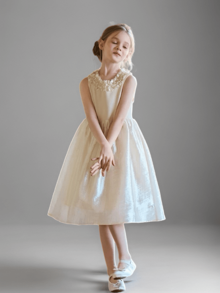 Champagne Sleeveless Flower Girl Dress with Floral Neckline – Elegant Knee Length Flower Girl Dress Plus Size - WonderlandByLilian