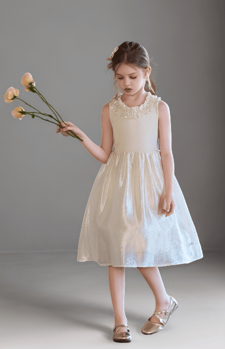Champagne Sleeveless Flower Girl Dress with Floral Neckline – Elegant Knee Length Flower Girl Dress Plus Size - WonderlandByLilian