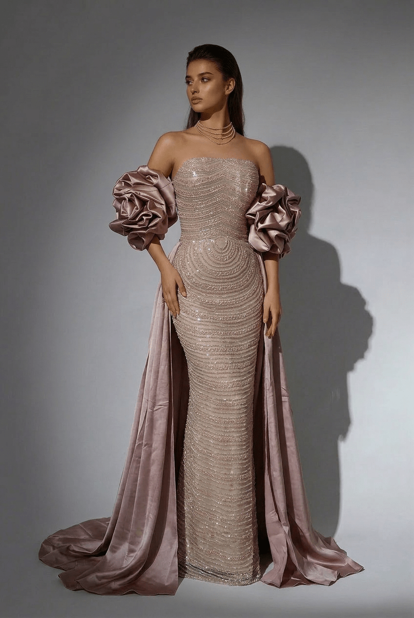Champagne Strapless Glitter Dress with Rosette Sleeves – Illusion Formal Dress Plus Size - WonderlandByLilian