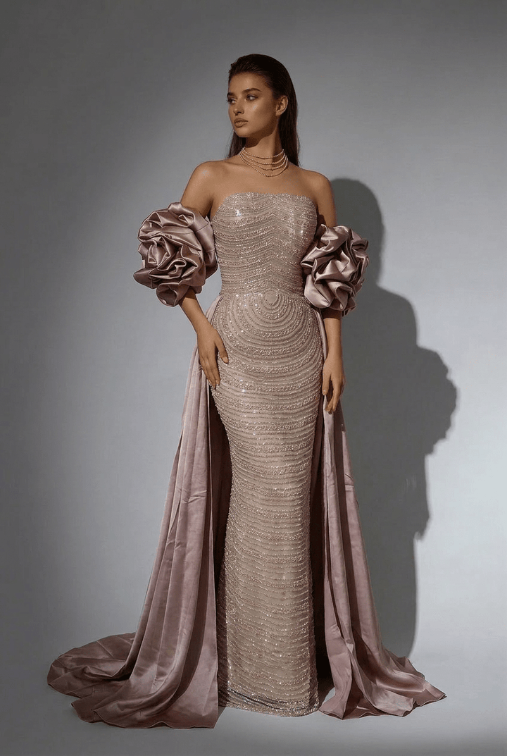 Champagne Strapless Glitter Dress with Rosette Sleeves – Illusion Formal Dress Plus Size - WonderlandByLilian