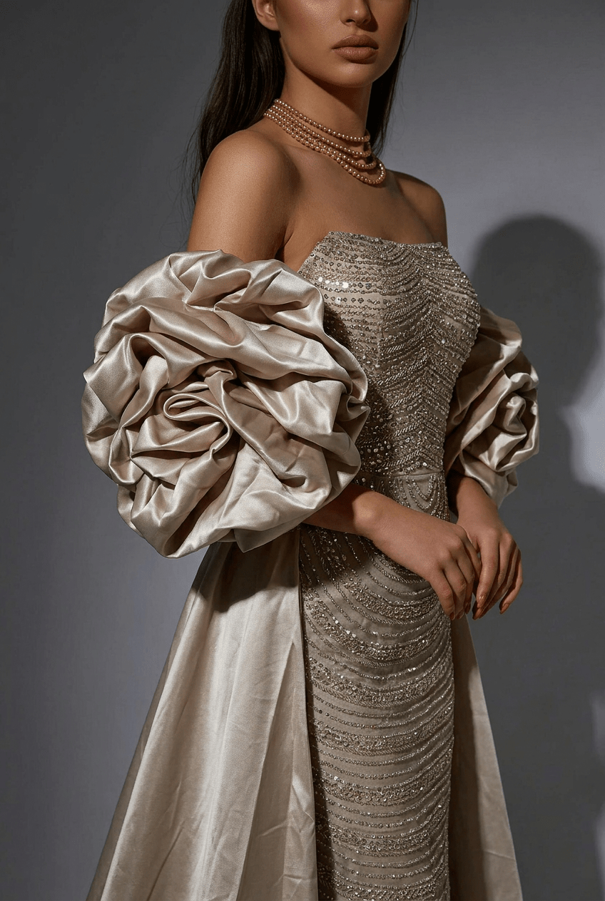 Champagne Strapless Glitter Dress with Rosette Sleeves – Illusion Formal Dress Plus Size - WonderlandByLilian