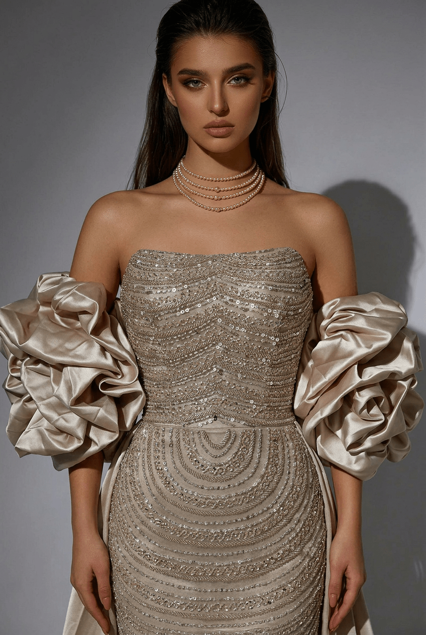 Champagne Strapless Glitter Dress with Rosette Sleeves – Illusion Formal Dress Plus Size - WonderlandByLilian