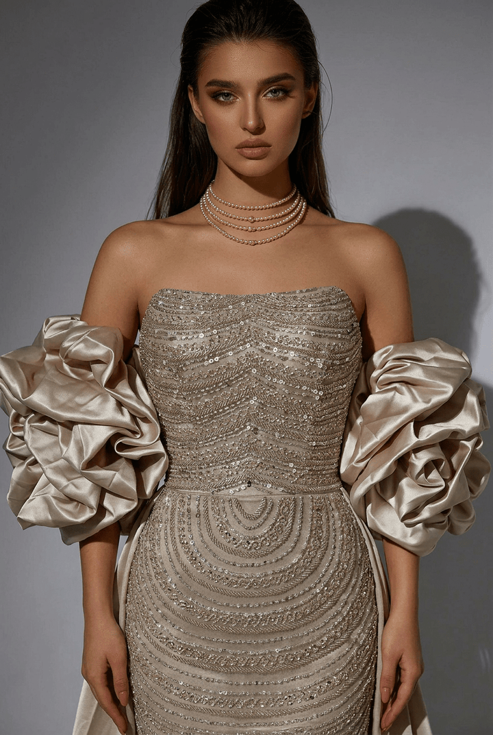 Champagne Strapless Glitter Dress with Rosette Sleeves – Illusion Formal Dress Plus Size - WonderlandByLilian