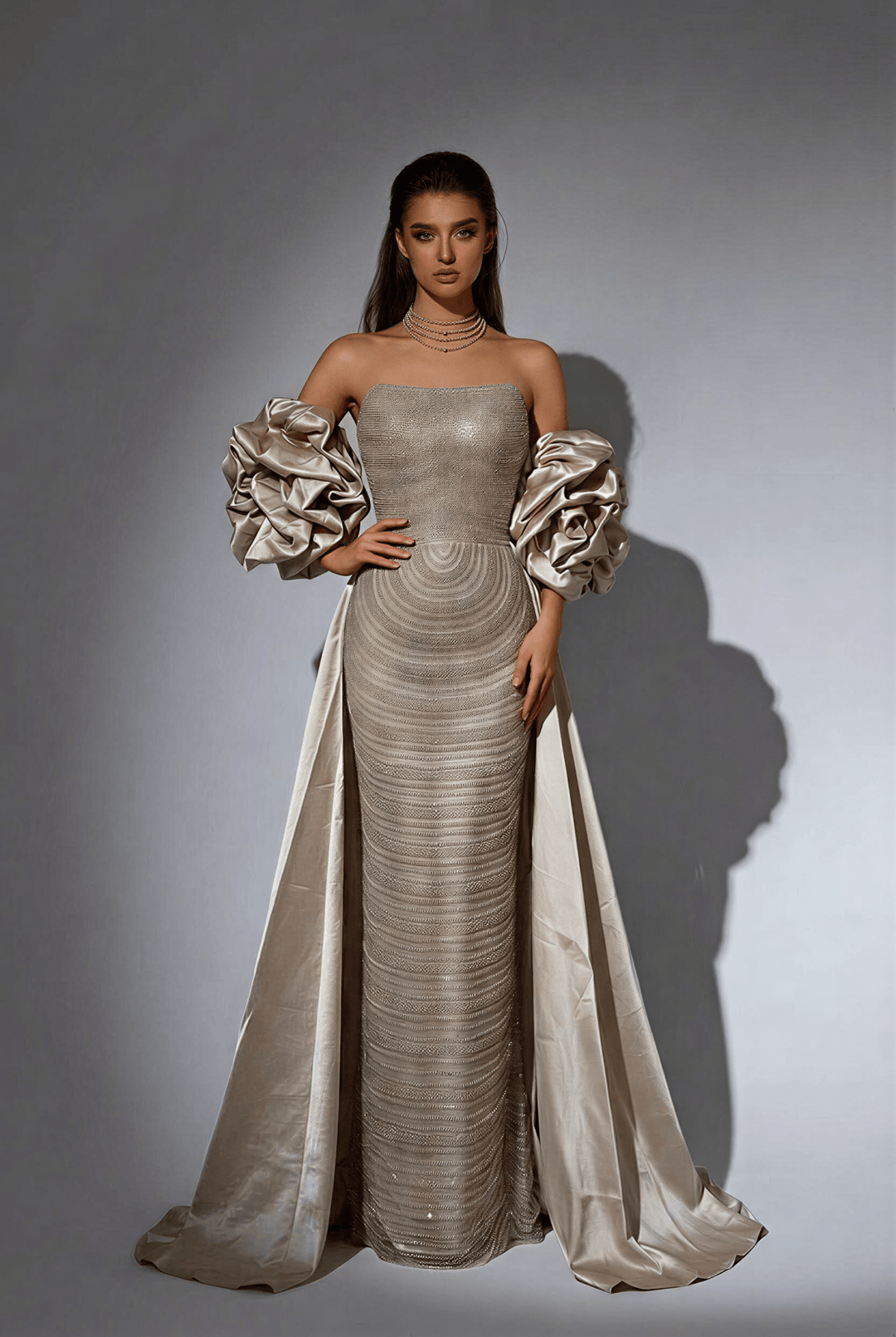 Champagne Strapless Glitter Dress with Rosette Sleeves – Illusion Formal Dress Plus Size - WonderlandByLilian
