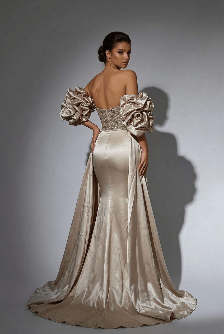 Champagne Strapless Glitter Dress with Rosette Sleeves – Illusion Formal Dress Plus Size - WonderlandByLilian