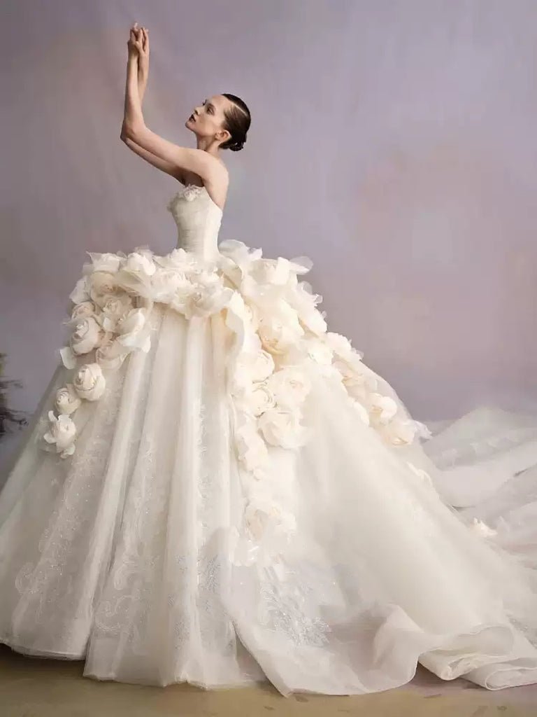 Champagne Strapless Wedding Dress with Oversized Floral Appliqué – Floral Wedding Dress with Long Train Plus Size - WonderlandByLilian