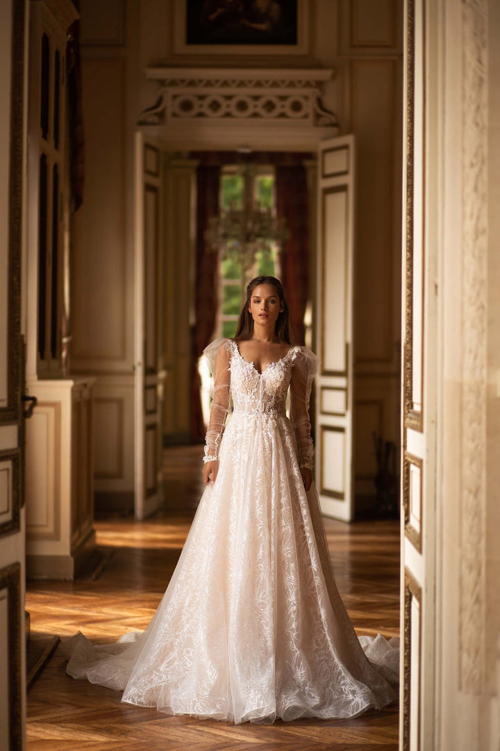 Champagne Wedding Dress with Lantern Sleeves and Beaded Embroidery Plus Size - WonderlandByLilian