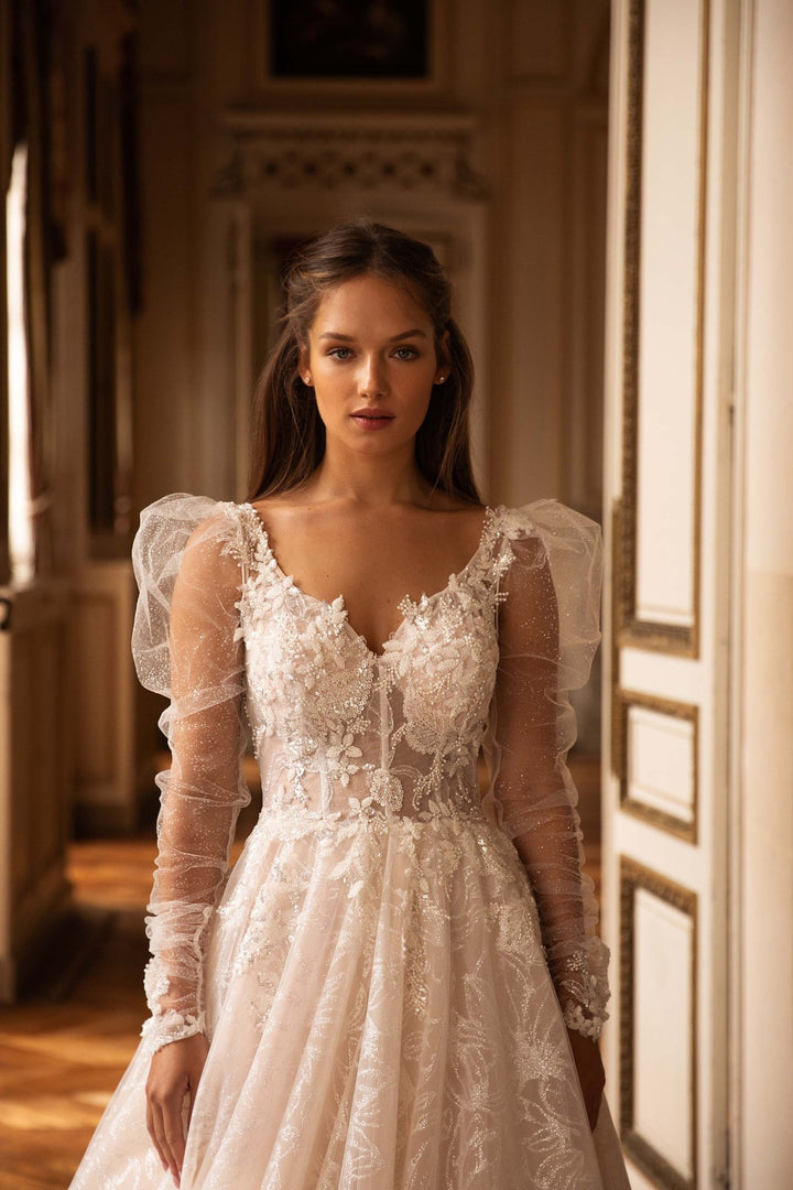 Champagne Wedding Dress with Lantern Sleeves and Beaded Embroidery Plus Size - WonderlandByLilian