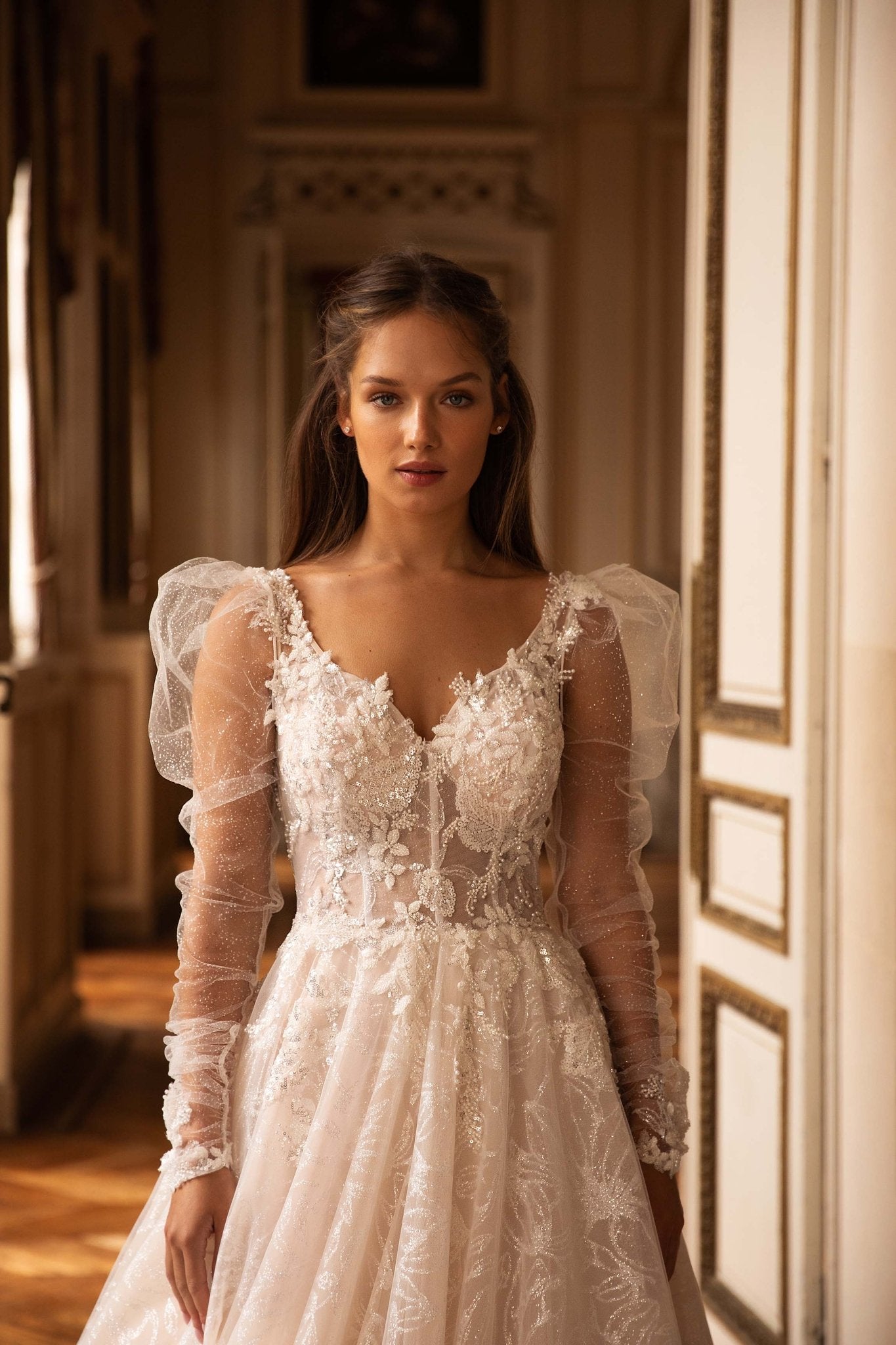 Champagne Wedding Dress with Lantern Sleeves and Beaded Embroidery Plus Size - WonderlandByLilian