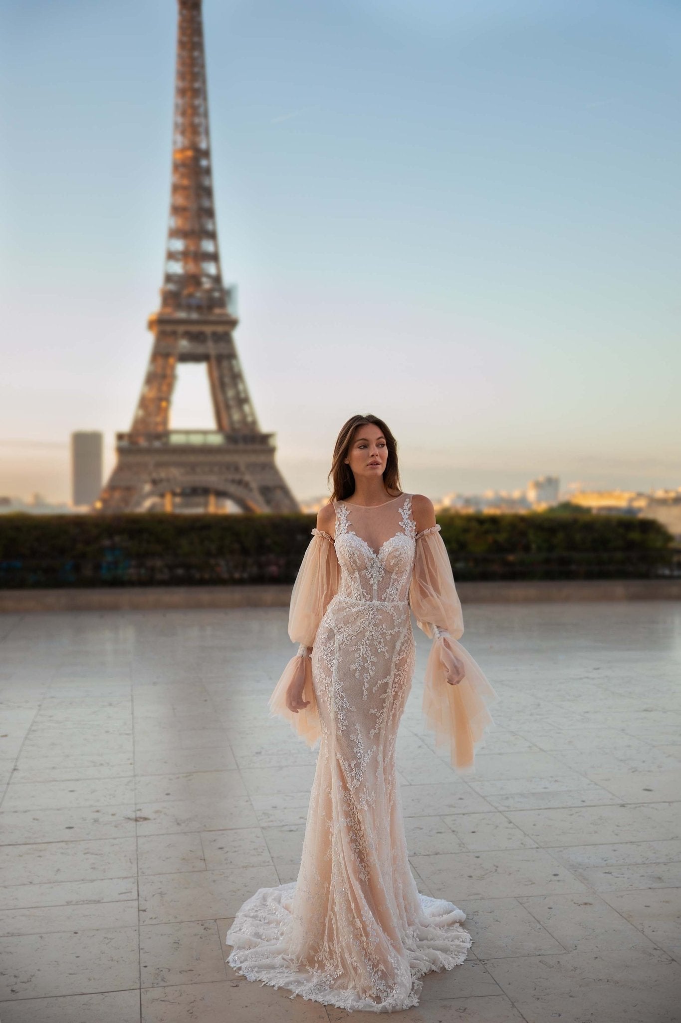 Champagne Wedding Dress with Sleeves and Elegant Appliqués – Nude Plus Size - WonderlandByLilian
