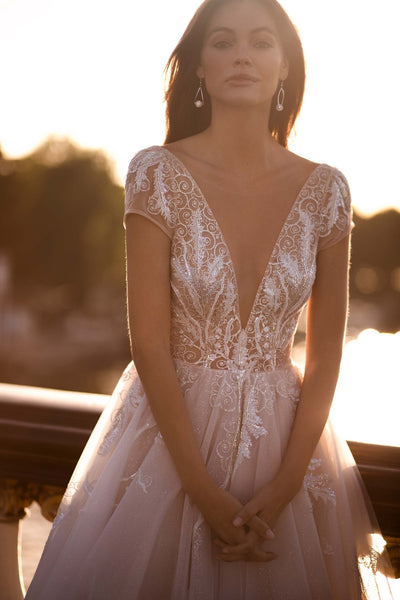 Champagne Wedding Dress with Sleeves and Floral Appliqués Plus Size - WonderlandByLilian