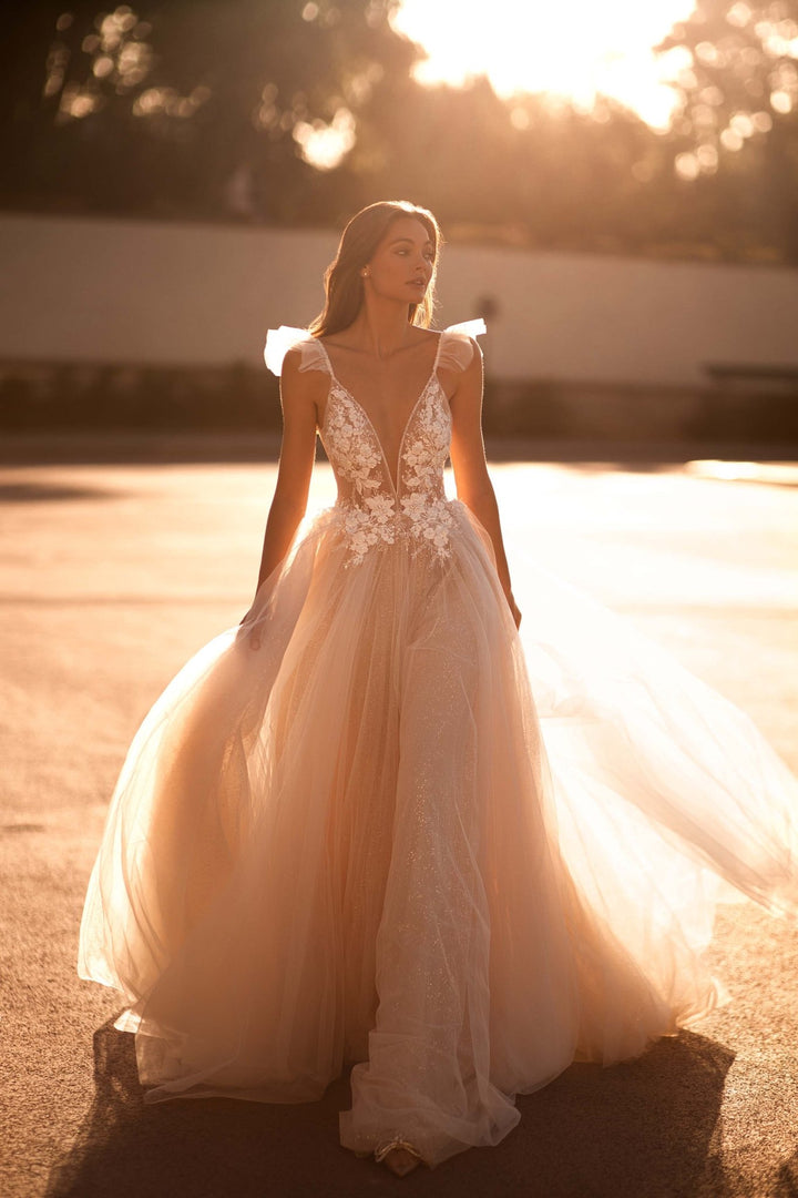 Champagne Wedding Dress with Sleeves and Glitter Tulle Skirt Plus Size - WonderlandByLilian