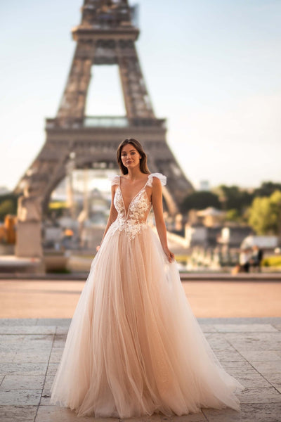 Champagne Wedding Dress with Sleeves and Glitter Tulle Skirt Plus Size - WonderlandByLilian