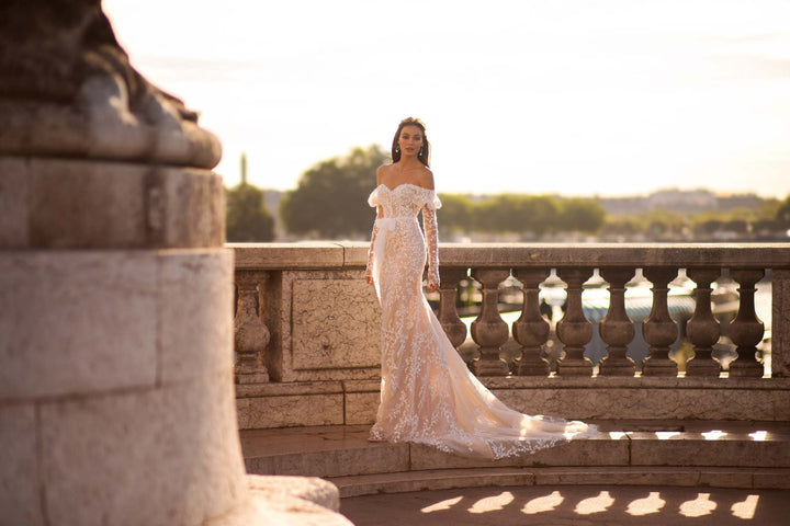 Champagne Wedding Dress with Sleeves and Lace Appliqués, Featuring 3D Floral Design, Long Chapel Train, and Delicate Tulle Plus Size - WonderlandByLilian