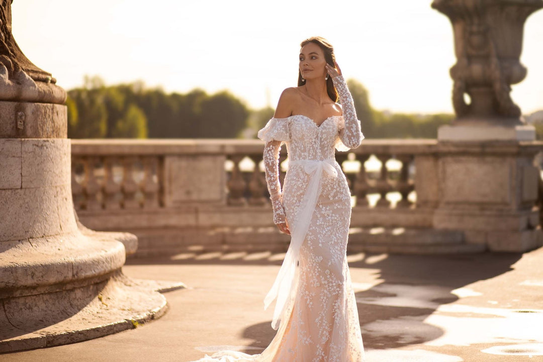 Champagne Wedding Dress with Sleeves and Lace Appliqués, Featuring 3D Floral Design, Long Chapel Train, and Delicate Tulle Plus Size - WonderlandByLilian