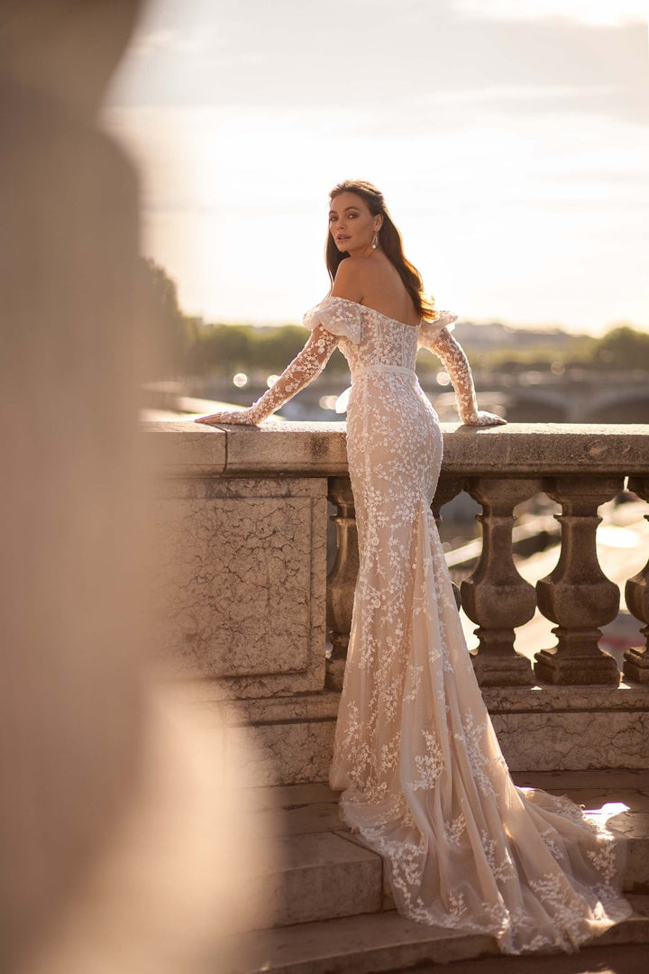 Champagne Wedding Dress with Sleeves and Lace Appliqués, Featuring 3D Floral Design, Long Chapel Train, and Delicate Tulle Plus Size - WonderlandByLilian