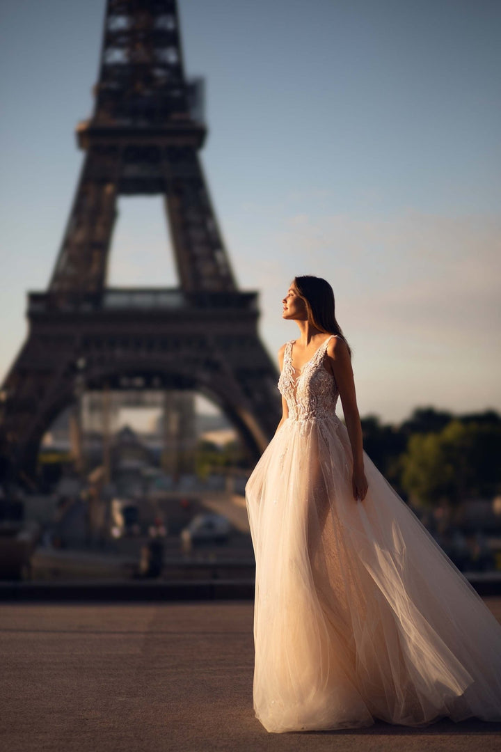 Champagne Wedding Dress with Sleeves, Floral Appliqués, and A-Line Silhouette - Plus Size - WonderlandByLilian