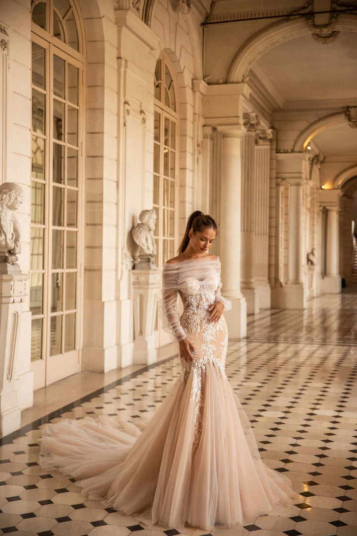 Champagne Wedding Dress with Sleeves Mermaid Silhouette Embellished with Pearls and Sequins Plus Size - WonderlandByLilian