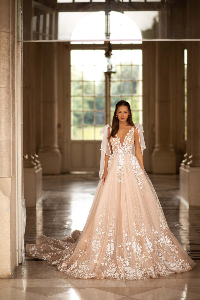 Champagne Wedding Dress with Sleeves - Sparkling Nude A-line with
