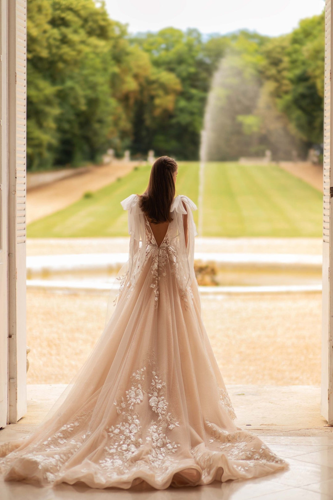 Champagne Wedding Dress with Sleeves - Sparkling Nude A-line with Floral Appliqués and Elegant Bows - Plus Size - WonderlandByLilian