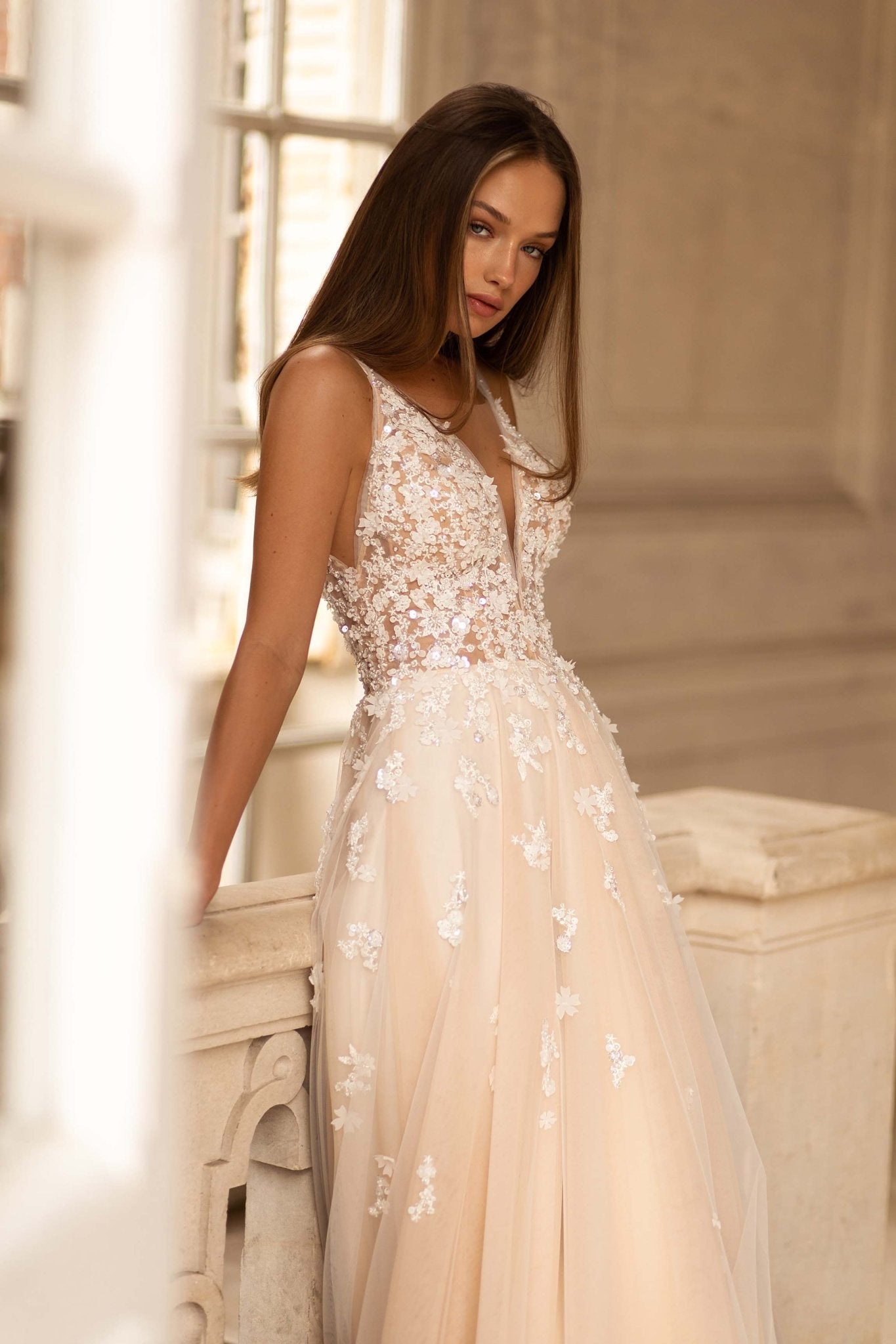Champagne Wedding Dress with Sleeves, Sparkly Nude Tulle and 3D Floral Appliqués - Plus Size - WonderlandByLilian