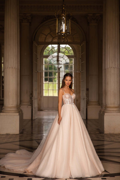 Champagne Wedding Dress with Sparkly Beaded Corset and Elegant Tulle Skirt - Plus Size - WonderlandByLilian