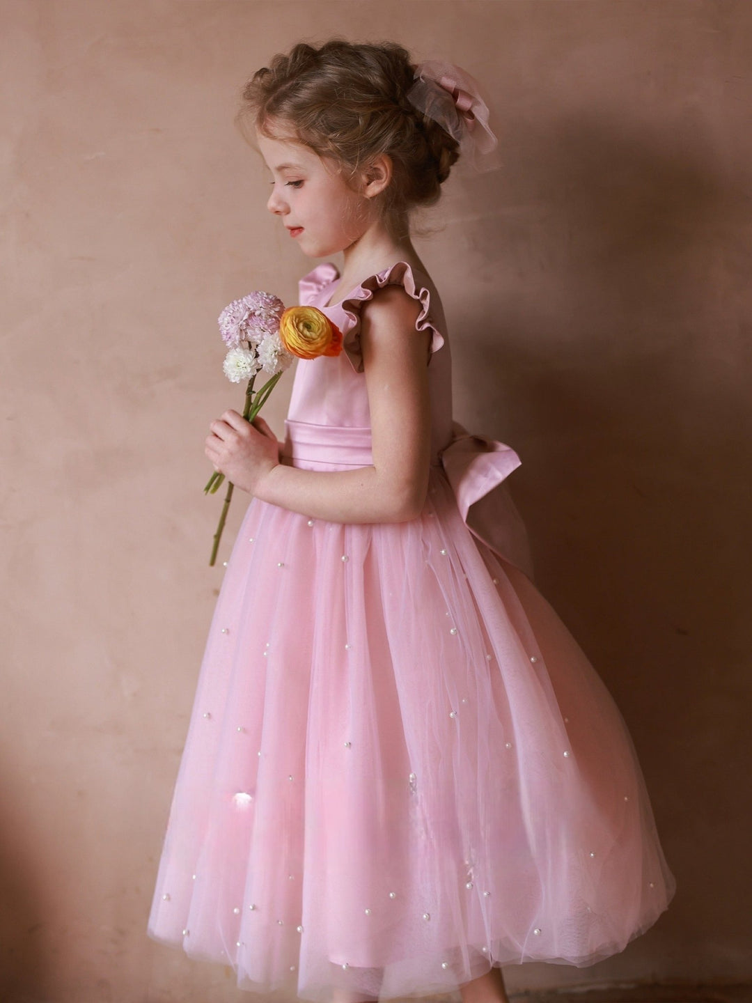 Charming Blush Pink Flower Girl Dress with Pearl Accents and Bow Detail – Plus Size - WonderlandByLilian